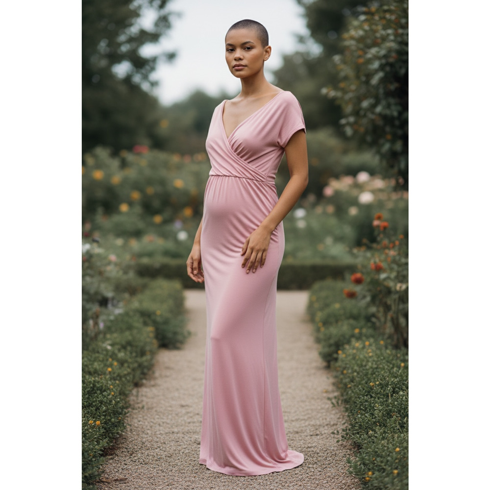 Rhea & Thea Womens Pink Ruched Maternity V-neck Short Sleeve Long Dress Size M
